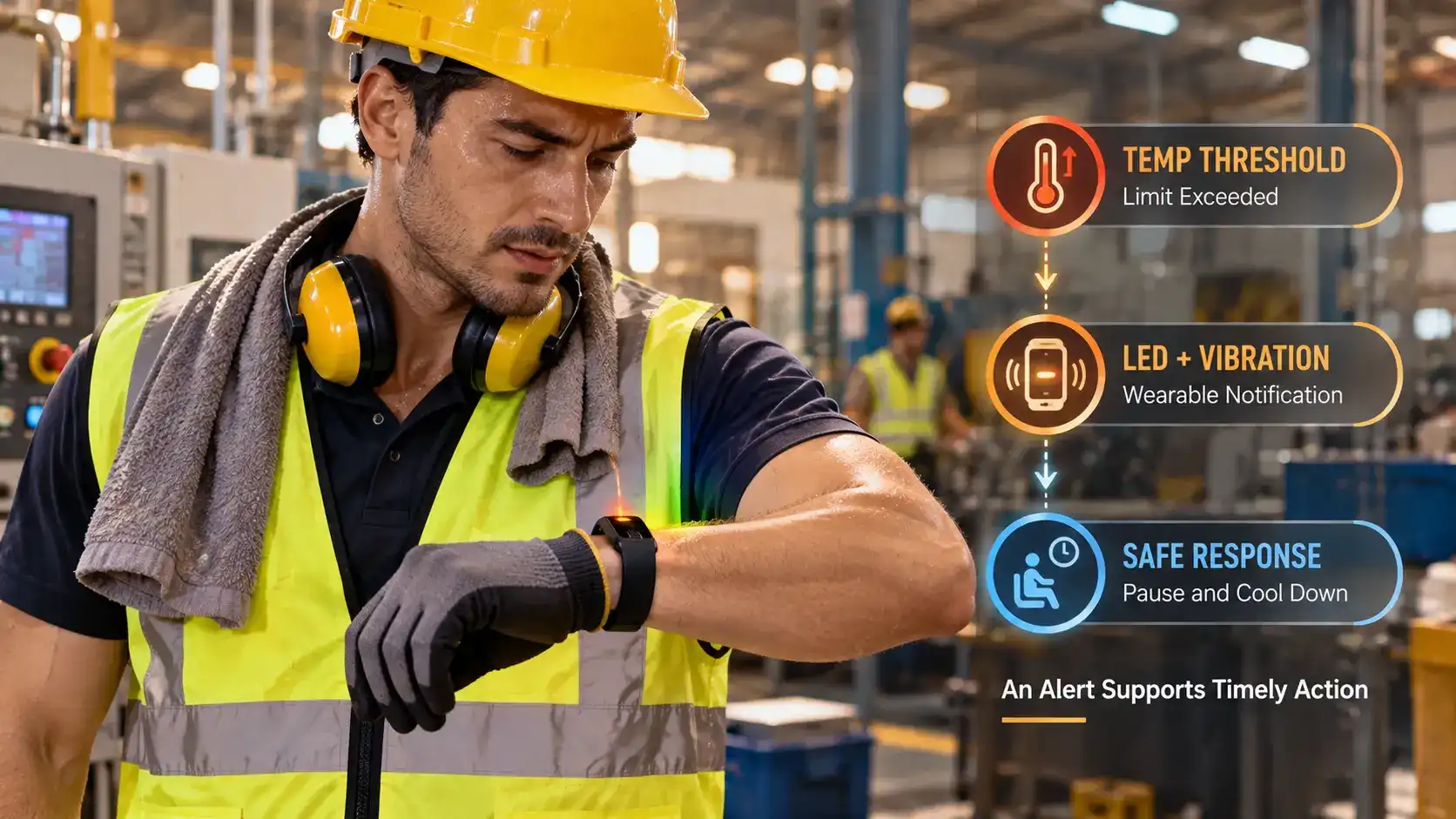 Response	Factory worker responding to a high temp warning band LED and vibration alert.