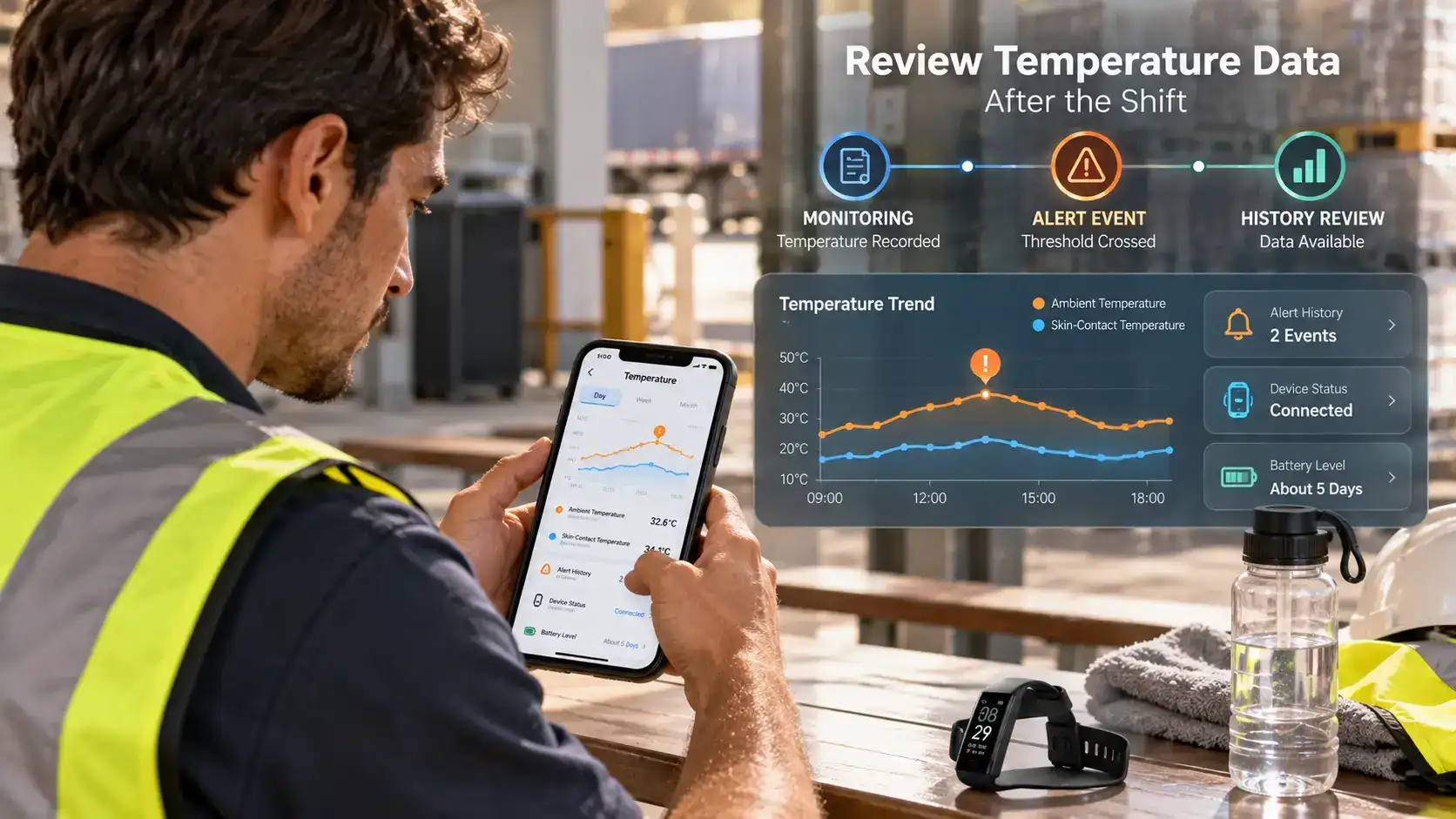 Worker reviewing high temp warning band temperature history and alert records on a smartphone. Worker reviewing high temp warning band temperature history and alert records on a smartphone.