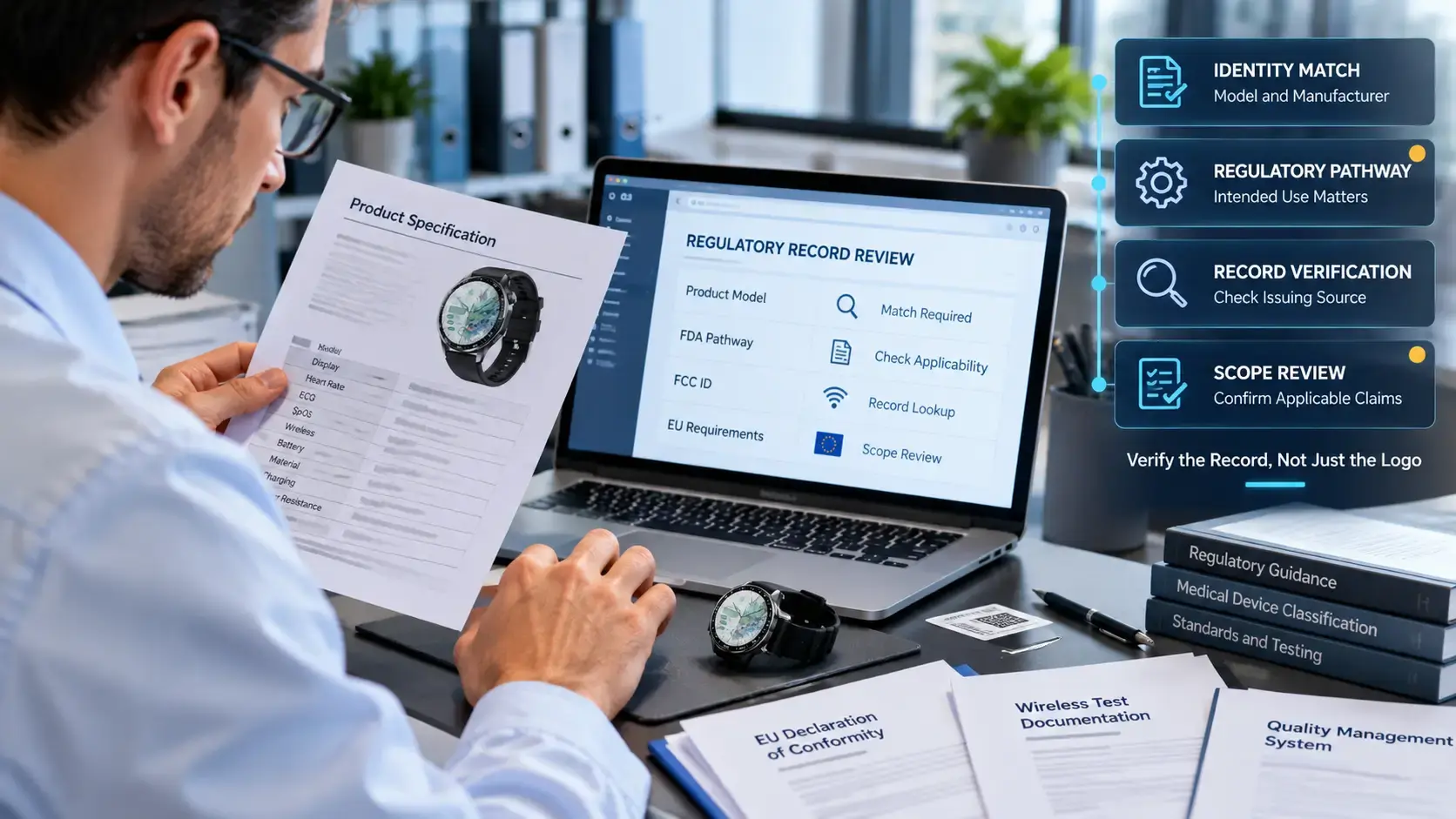 Compliance specialist verifying ECG SpO2 smartwatch certification documents and regulatory records. Compliance specialist verifying ECG SpO2 smartwatch certification documents and regulatory records.