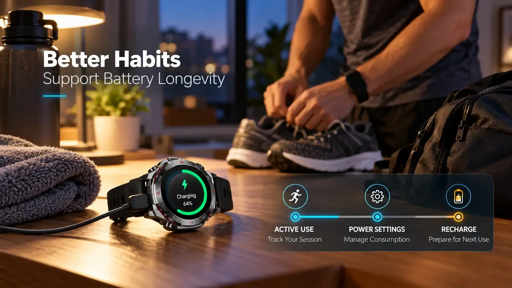 Sports smartwatch connected to a magnetic charger beside running equipment.