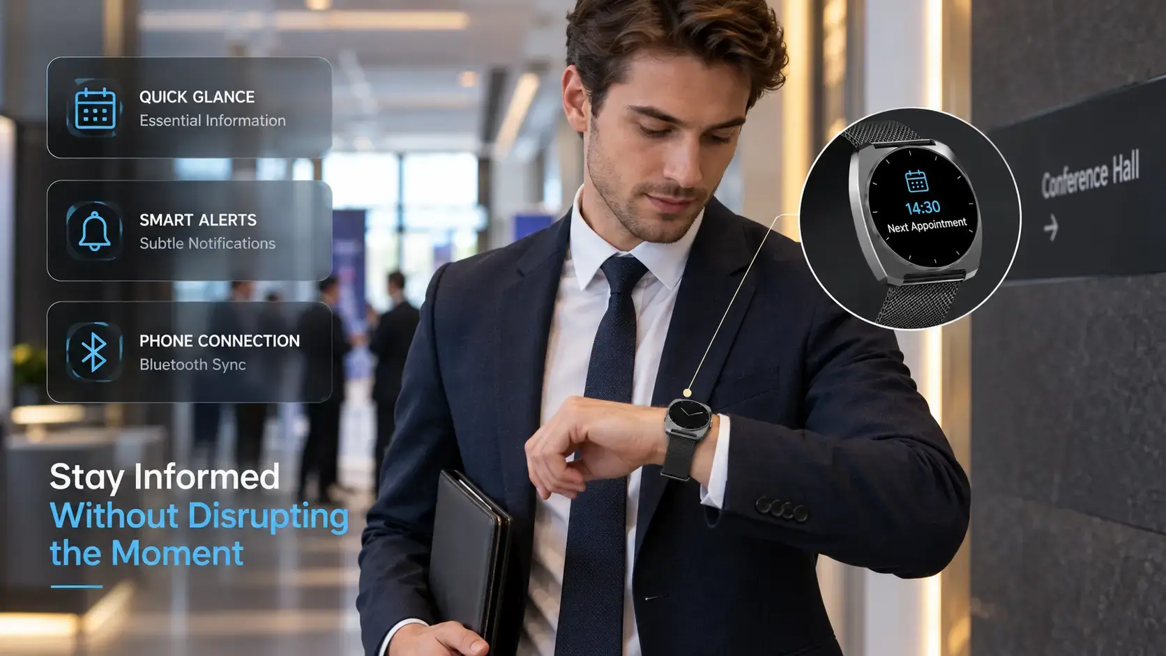 Business professional checking an appointment reminder on a smartwatch between client appointments. Business professional checking an appointment reminder on a smartwatch between client appointments.