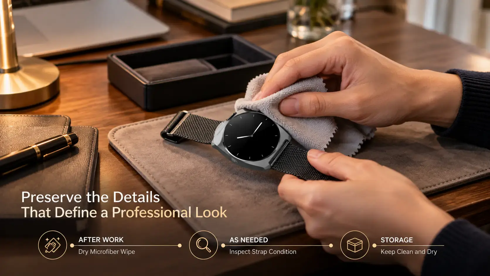 Professional business smartwatch with a genuine leather strap being cleaned with a dry microfiber cloth. Professional business smartwatch with a genuine leather strap being cleaned with a dry microfiber cloth.