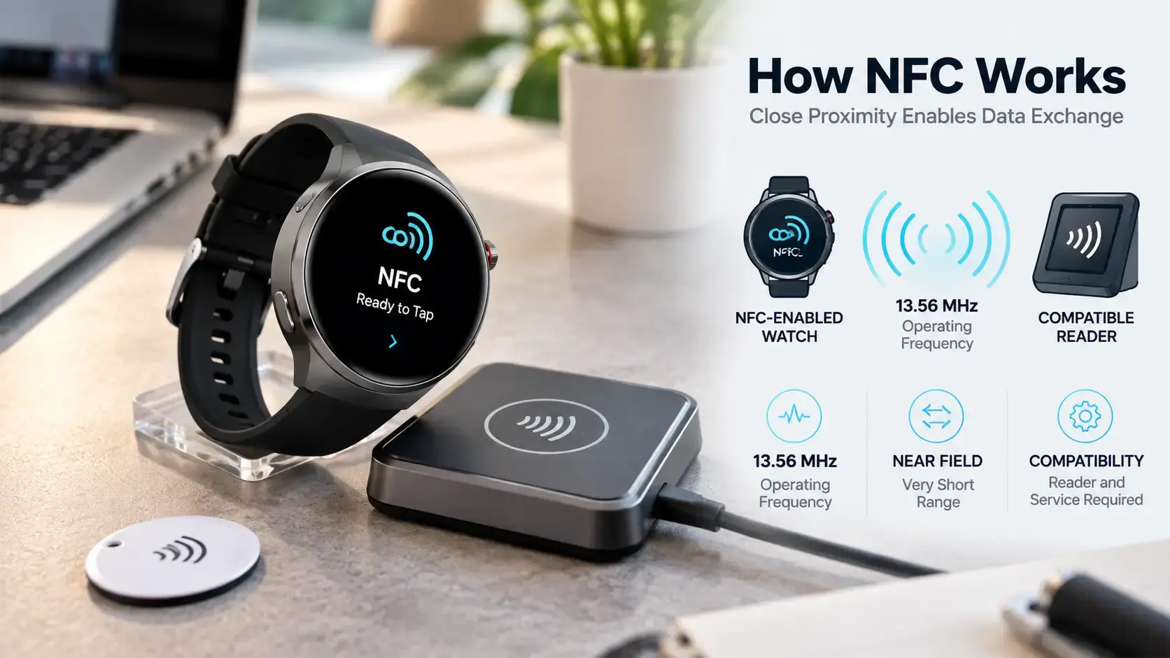 User checking NFC smartwatch features and service compatibility on a smartphone.