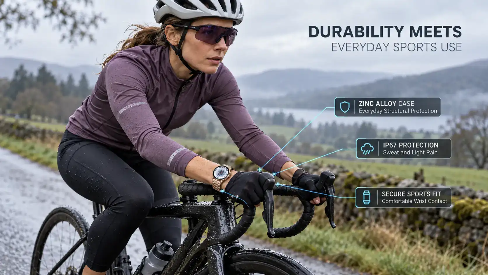 Cyclist wearing a durable endurance smartwatch during an outdoor ride in light rain. Cyclist wearing a durable endurance smartwatch during an outdoor ride in light rain.