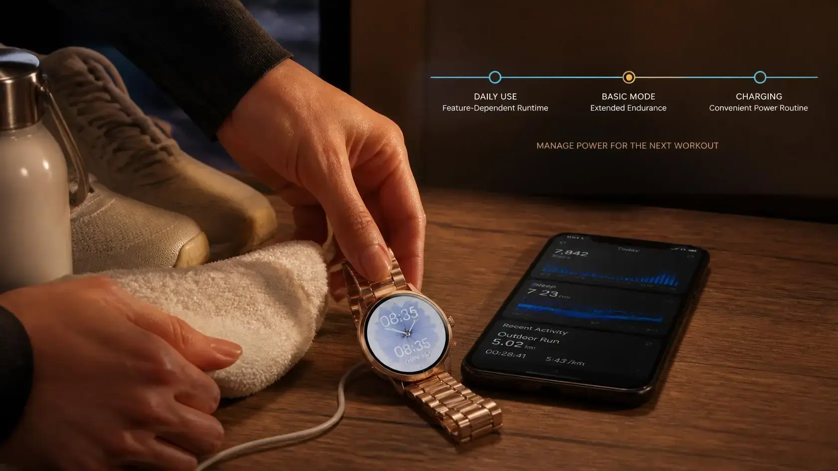 Athlete charging an endurance smartwatch and reviewing daily activity data after training.