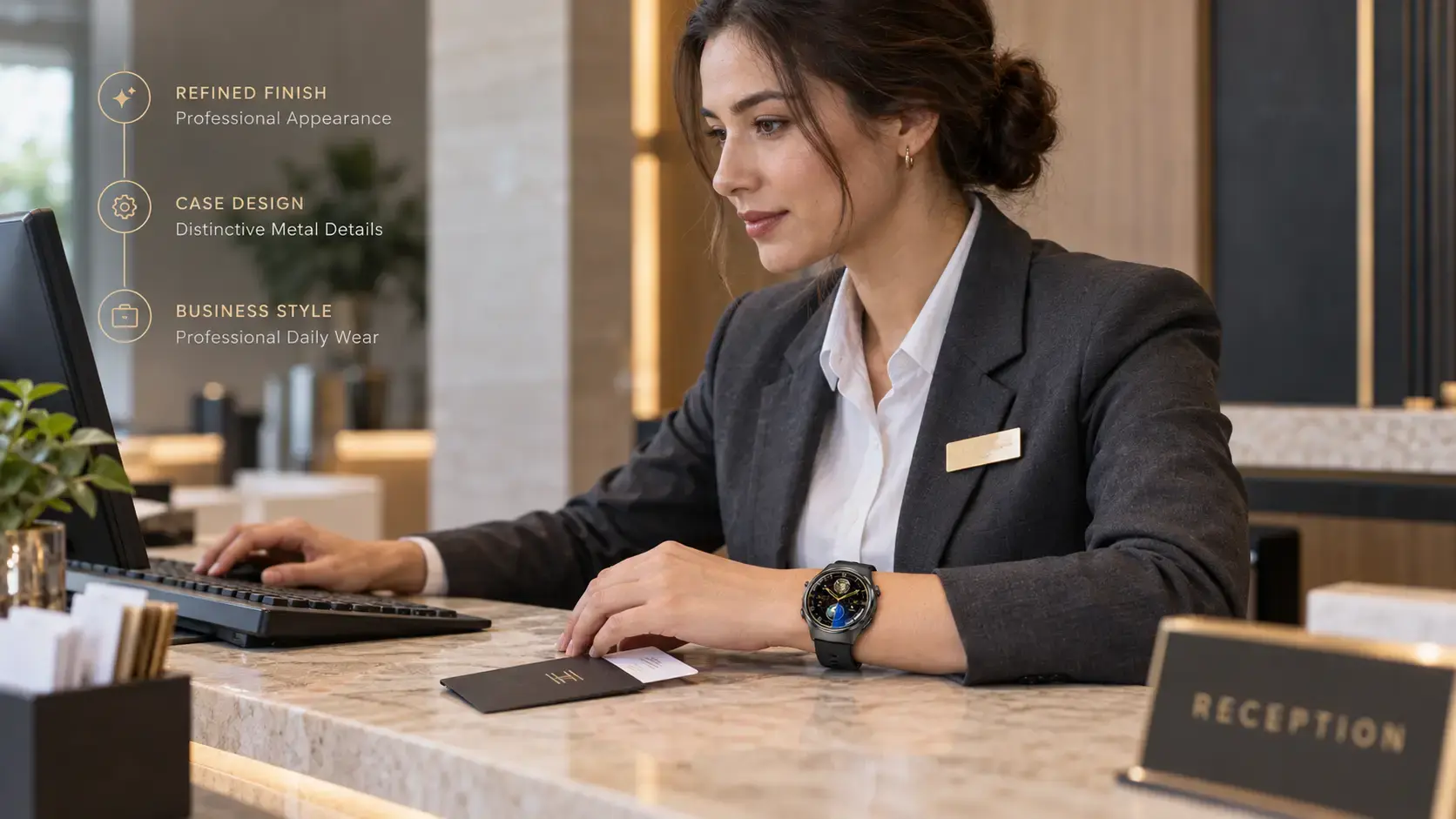 Hotel receptionist wearing a stainless steel case smartwatch during daily professional work.