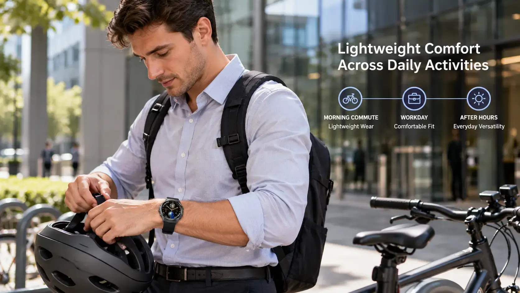 Office commuter wearing a lightweight aluminum smartwatch after cycling to work.