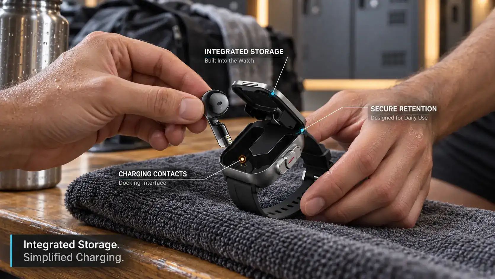 Fitness enthusiast reviewing workout data on a smartphone while wearing a 2-in-1 smartwatch.