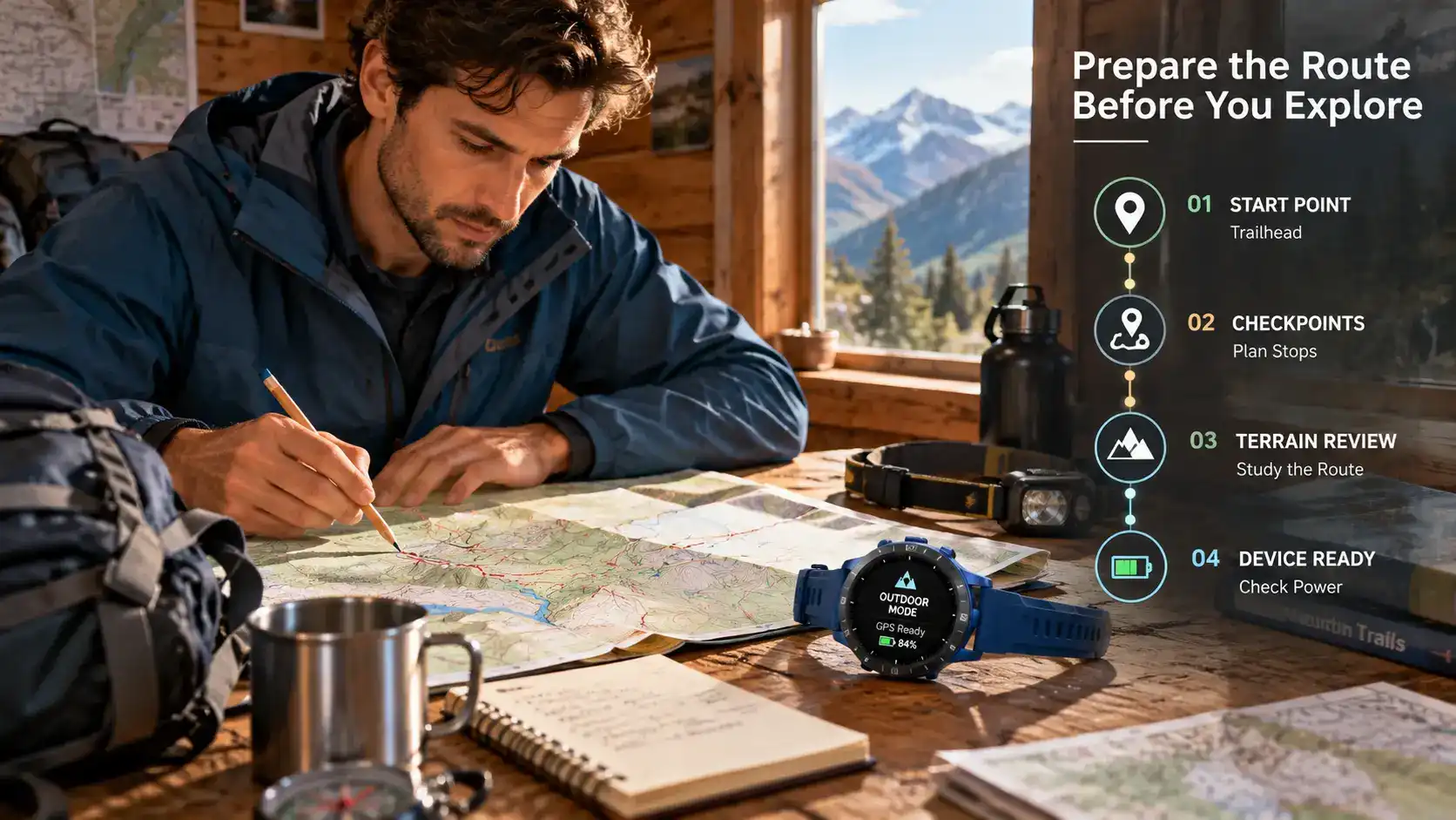 Hiker planning a mountain route with a topographic map and GPS outdoor smartwatch before departure.