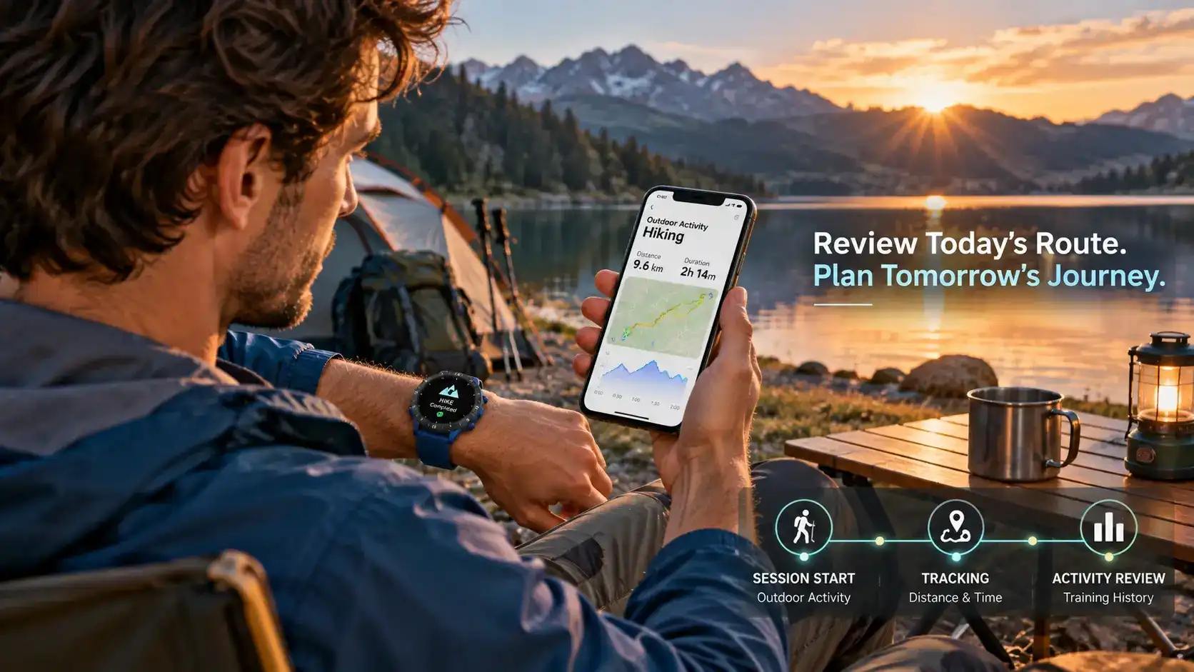 Hiker reviewing GPS smartwatch activity data on a smartphone after a mountain hike. Hiker reviewing GPS smartwatch activity data on a smartphone after a mountain hike.
