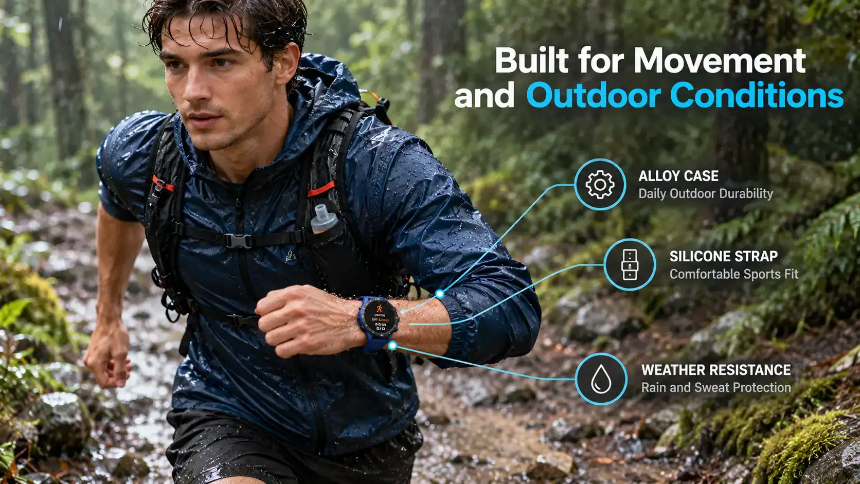 Trail runner wearing a GPS outdoor smartwatch on a damp forest path after rainfall.