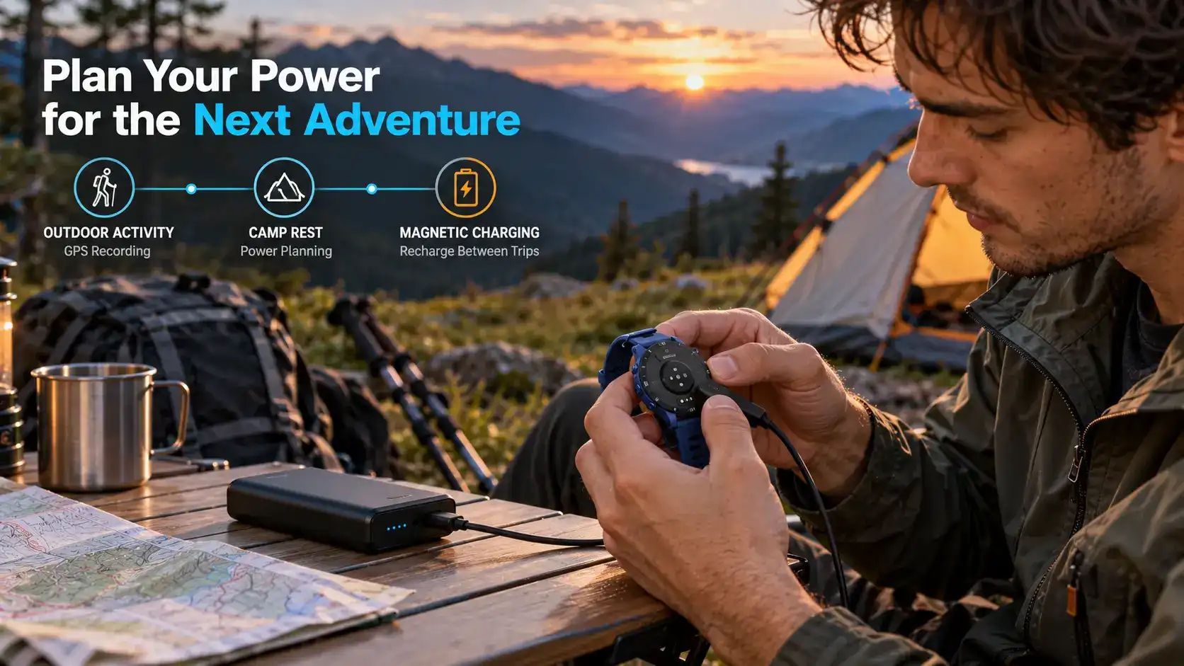 Hiker connecting a GPS outdoor smartwatch to a magnetic charger at a mountain campsite. Hiker connecting a GPS outdoor smartwatch to a magnetic charger at a mountain campsite.