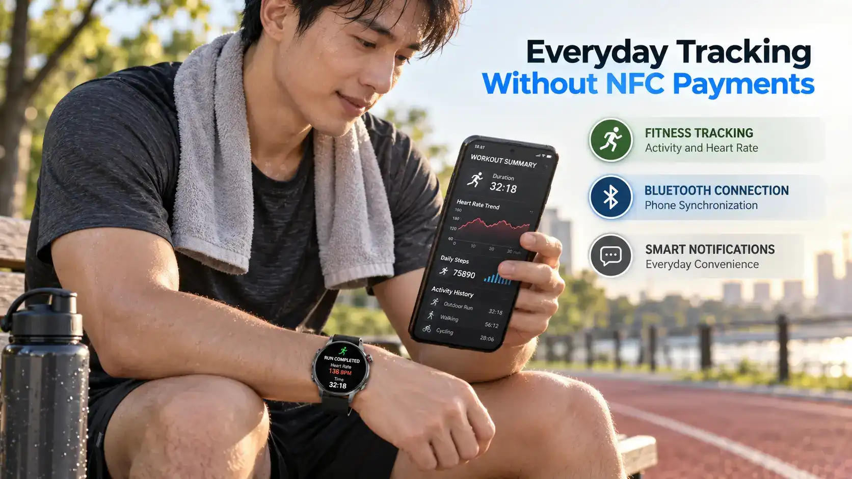 Runner reviewing fitness tracking data from a traditional smartwatch on a smartphone.