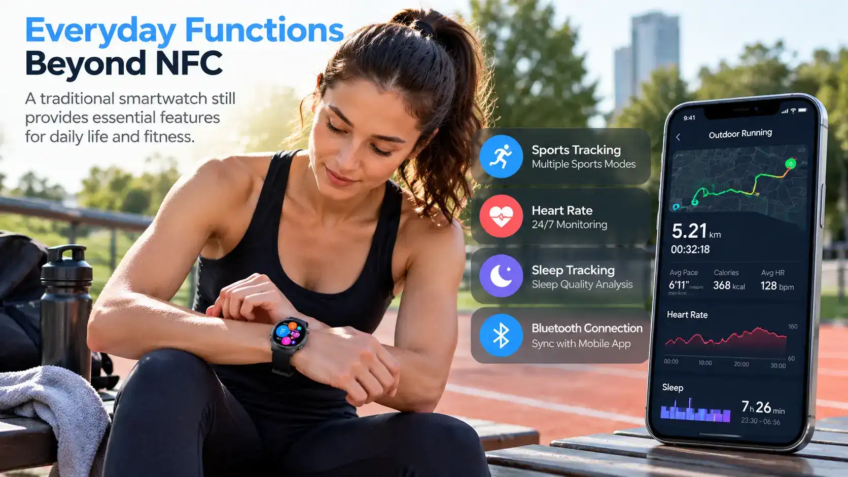 NFC-enabled smartwatch and smartphone being used to check payment and device compatibility.
