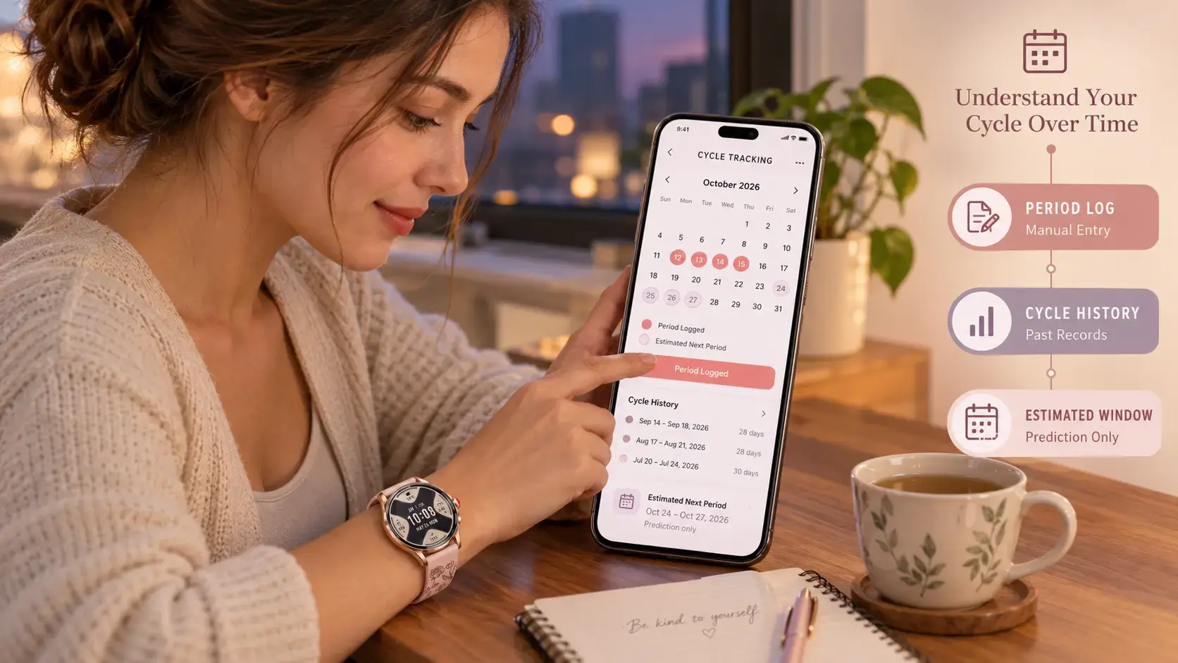 Woman recording menstrual cycle information on a smartwatch companion app.