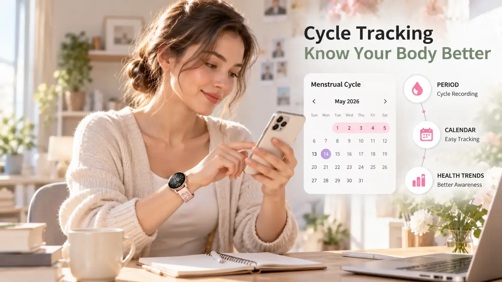 Woman wearing a health smartwatch after waking, illustrating sleep and wellness tracking. Woman wearing a health smartwatch after waking, illustrating sleep and wellness tracking.