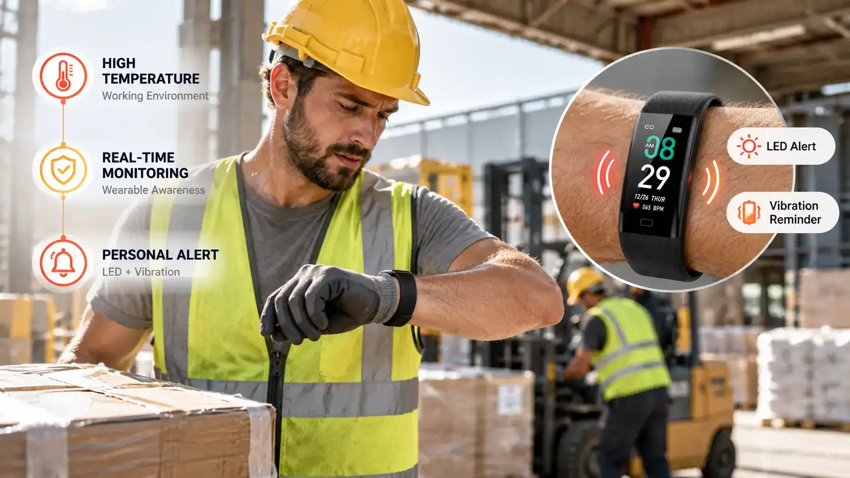 Warehouse worker noticing LED and vibration alerts from a temperature warning band.