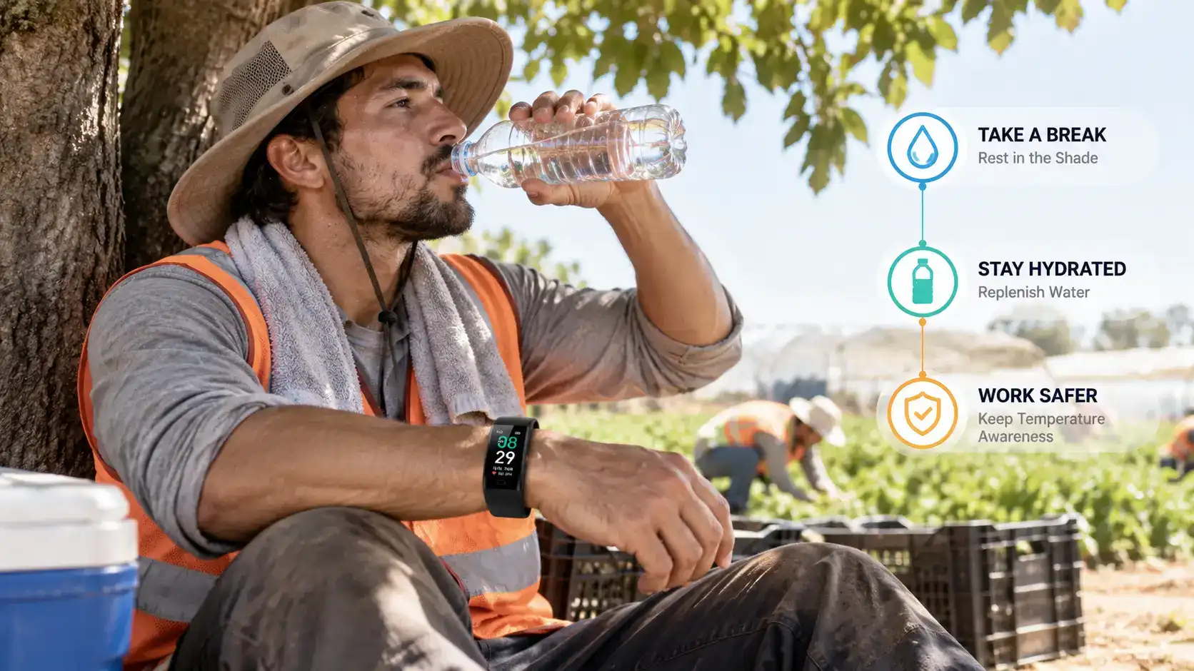 Agricultural worker resting in shade and hydrating while wearing a temperature warning band.
