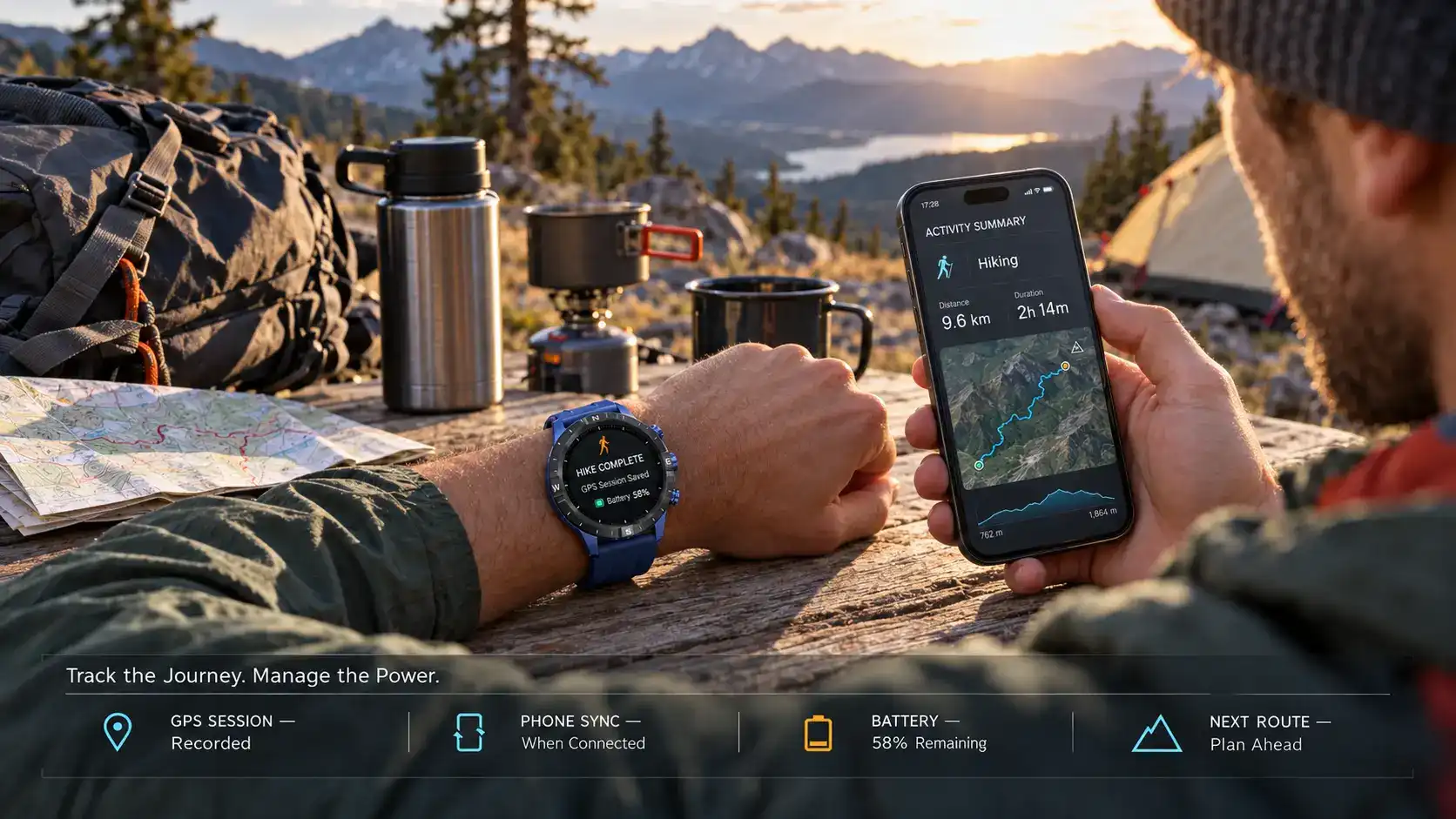 Hiker checking GPS navigation on an outdoor smartwatch at a mountain trail junction.