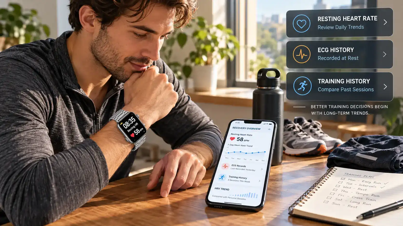 Endurance runner reviewing heart rate and workout data on an ECG sport smartwatch after outdoor training.