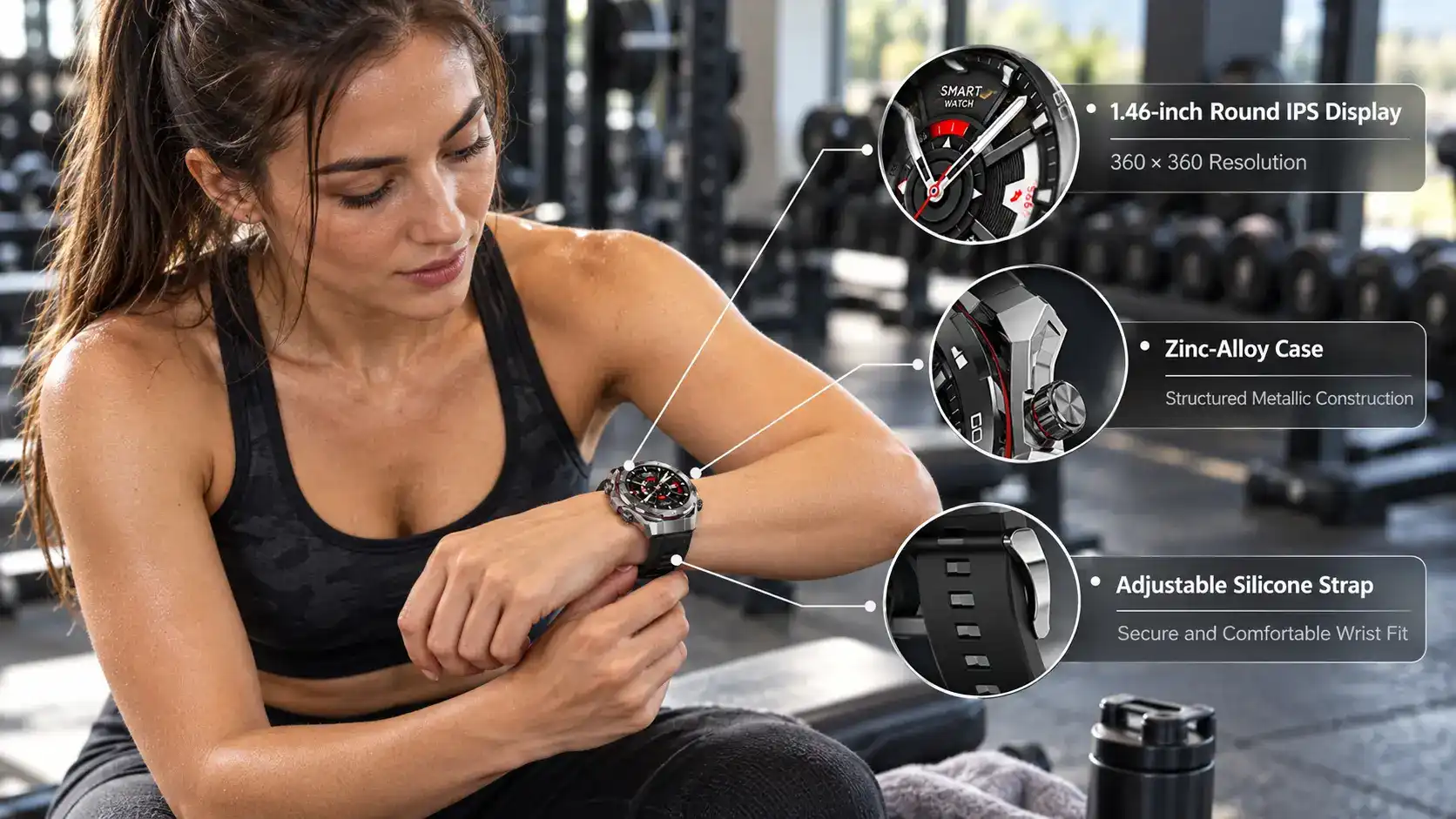 Athlete adjusting a premium sports smartwatch strap before a gym workout. Athlete adjusting a premium sports smartwatch strap before a gym workout.