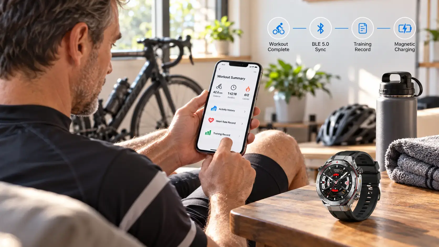 Cyclist reviewing smartwatch fitness data while the watch charges magnetically.