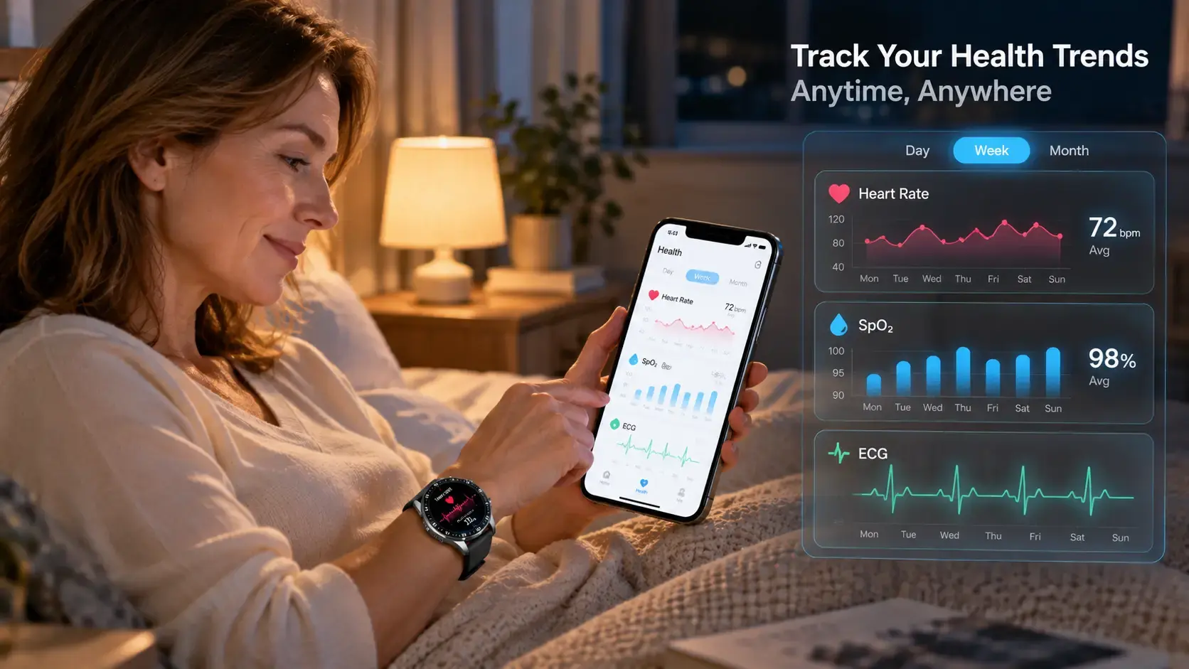 Older adult reviewing smartwatch ECG and SpO₂ records on a smartphone. Older adult reviewing smartwatch ECG and SpO₂ records on a smartphone.