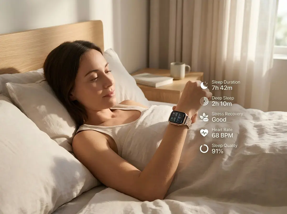 Women’s smartwatch displaying sleep quality and wellness monitoring