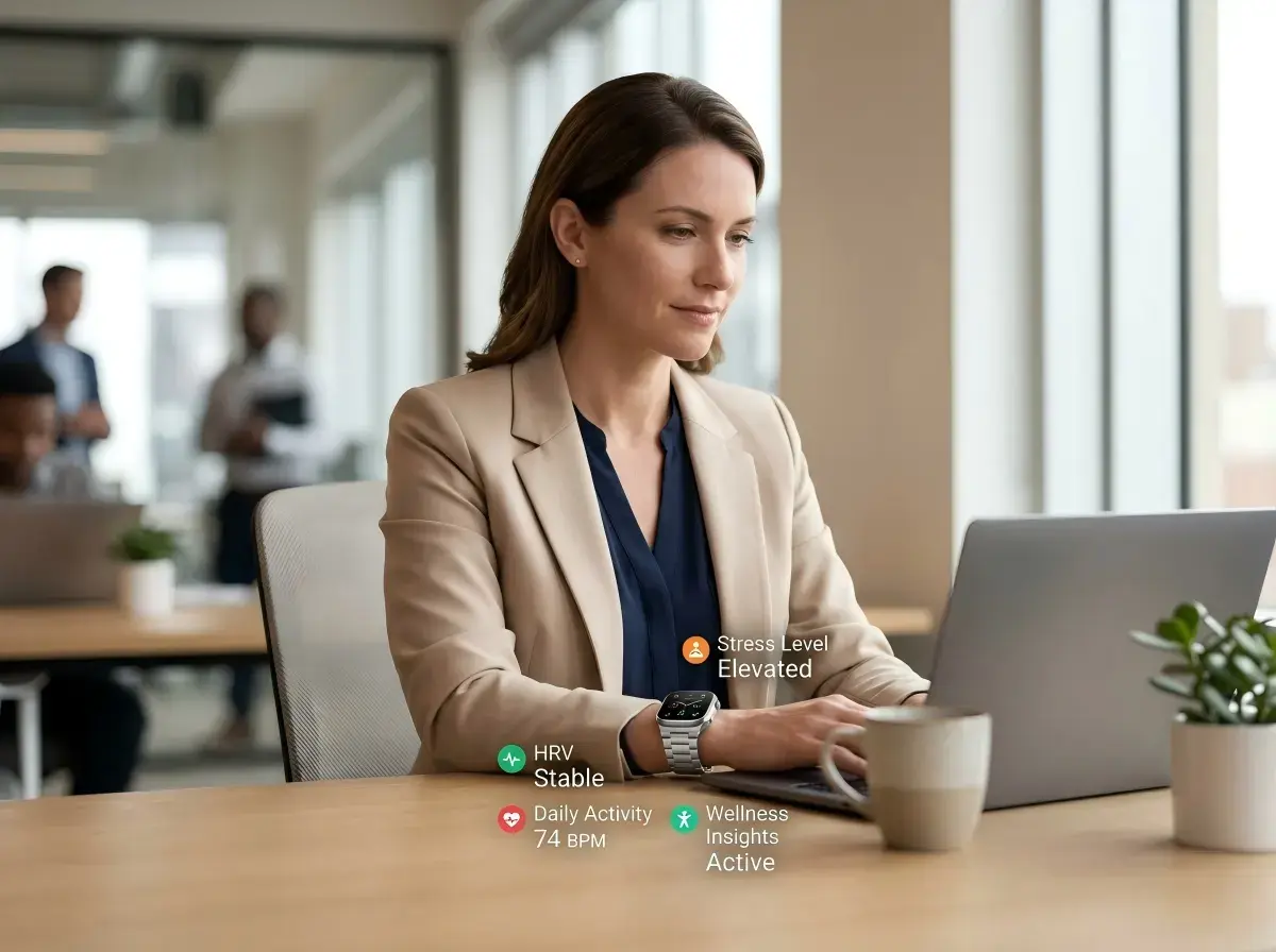 Professional woman using a mental health smartwatch for stress tracking Professional woman using a mental health smartwatch for stress tracking