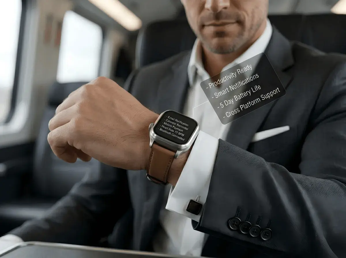 Professional using a stainless steel business smartwatch