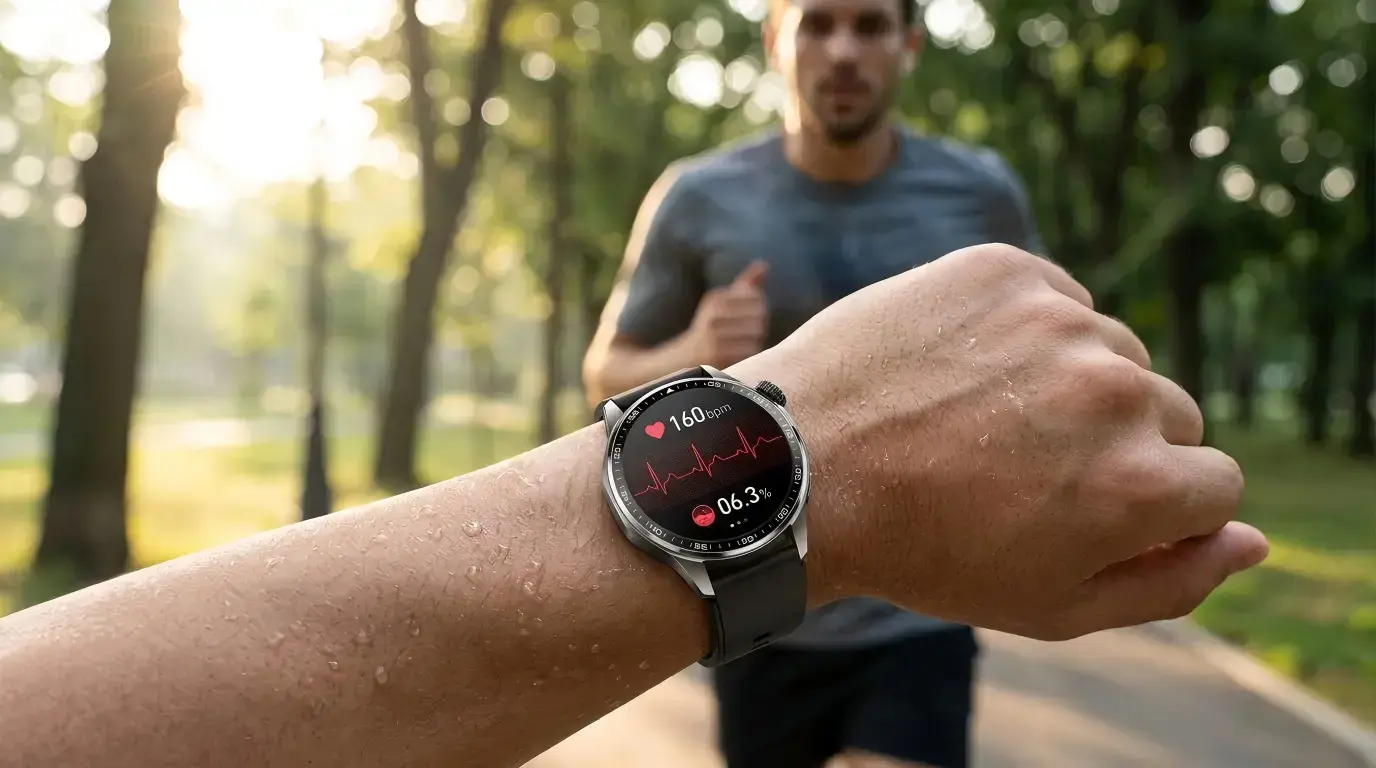 Runner tracking heart rate and blood oxygen with a smartwatch. Runner tracking heart rate and blood oxygen with a smartwatch.