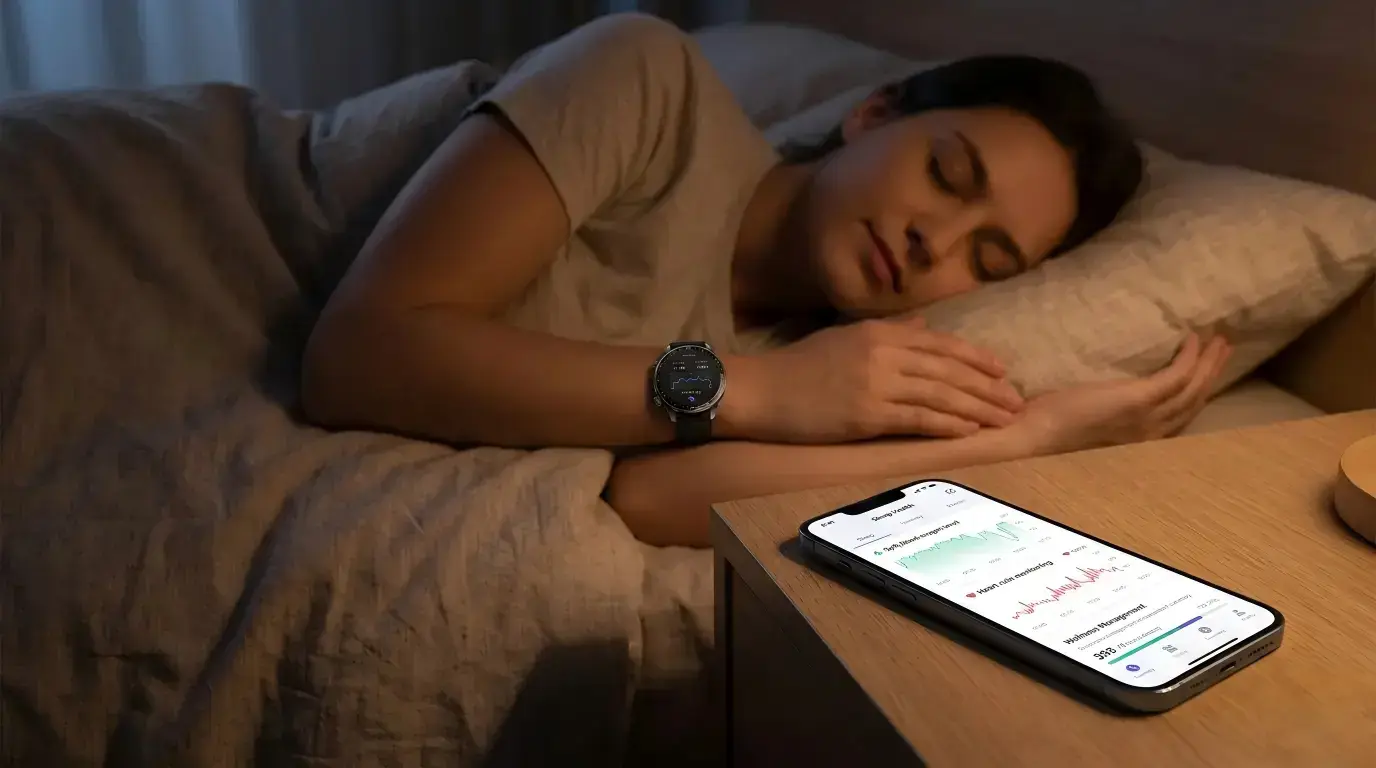 Smartwatch monitoring sleep and blood oxygen overnight. Smartwatch monitoring sleep and blood oxygen overnight.
