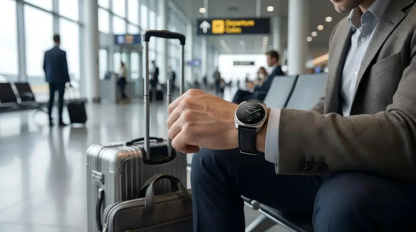 Business traveler checking a smartwatch at the airport.