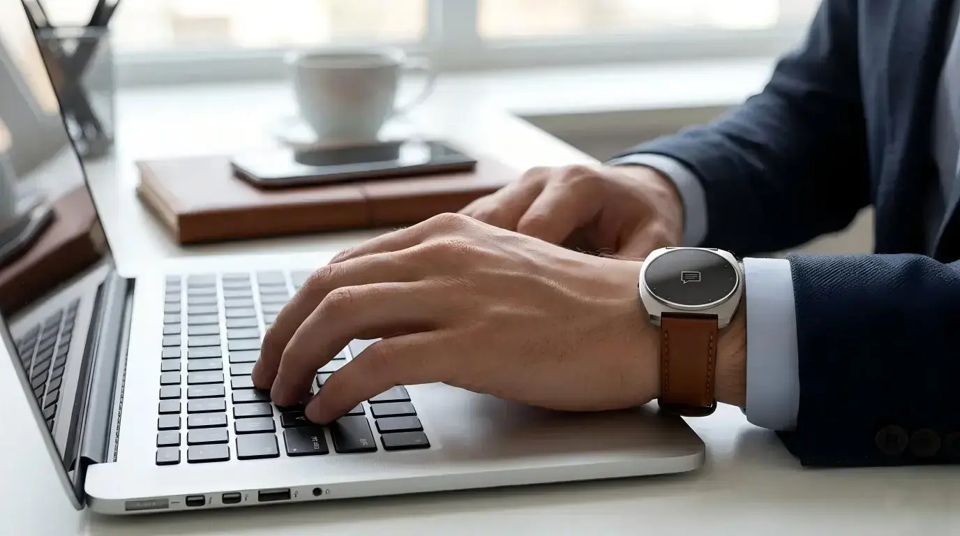Professional using a smartwatch while working. Professional using a smartwatch while working.