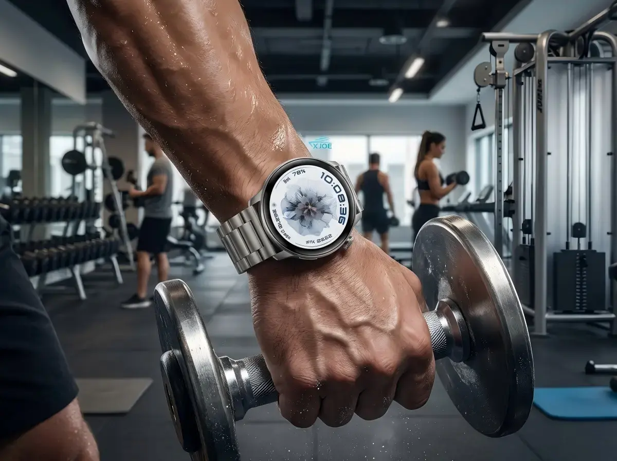 Steel smartwatch in work environment Steel smartwatch in work environment