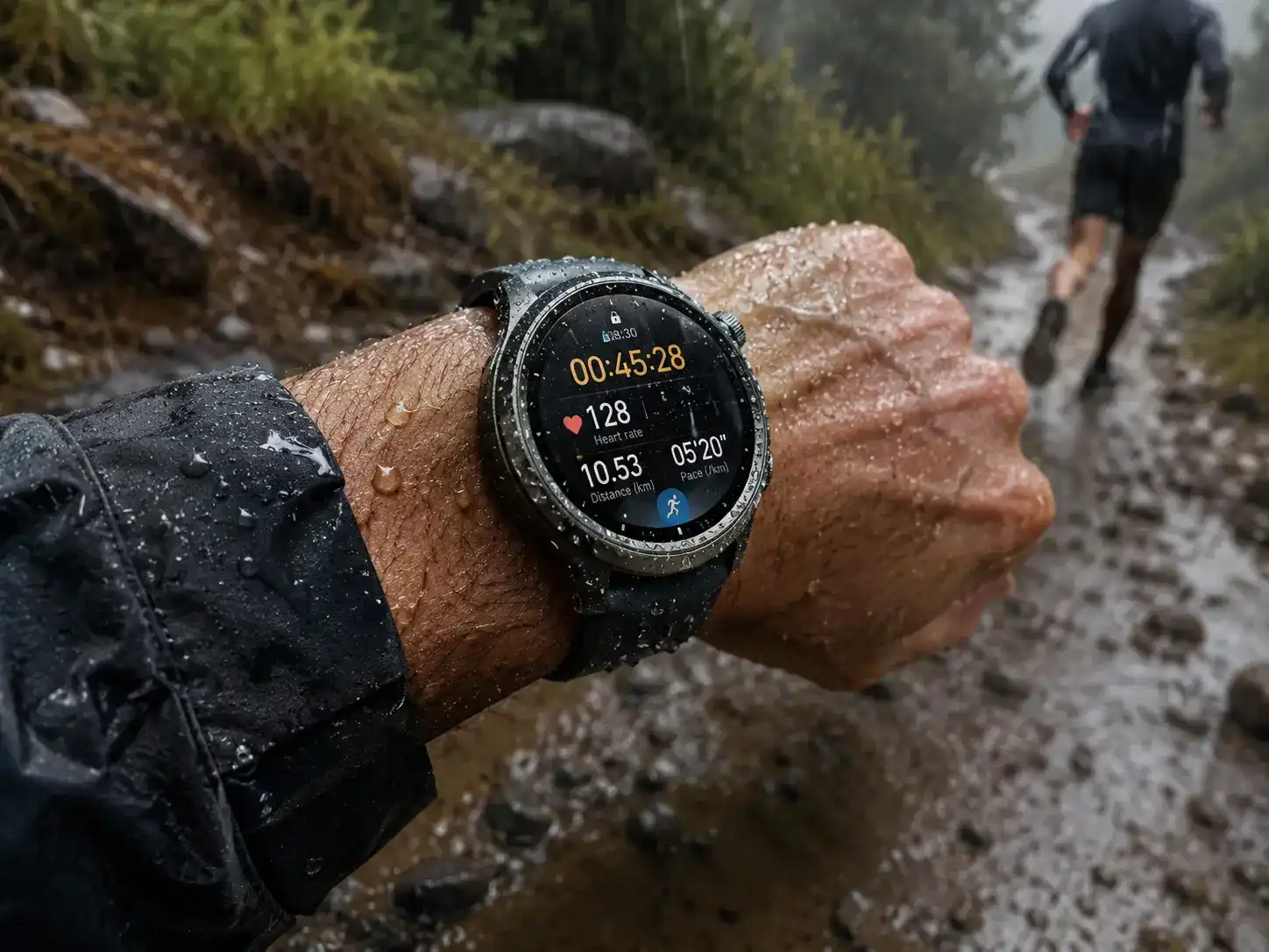 Outdoor runner using waterproof endurance smartwatch in rain Outdoor runner using waterproof endurance smartwatch in rain