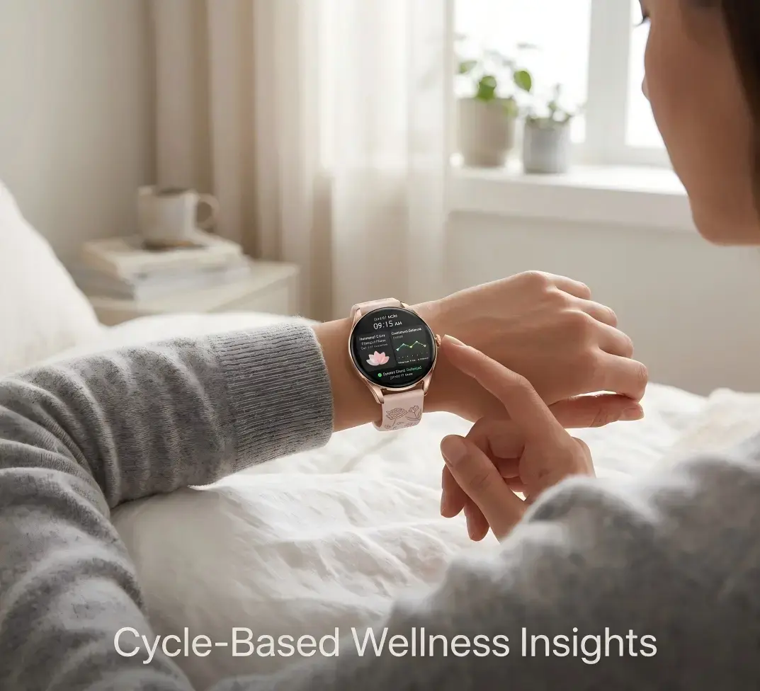 Smartwatch showing menstrual cycle and mood tracking for women’s health Smartwatch showing menstrual cycle and mood tracking for women’s health