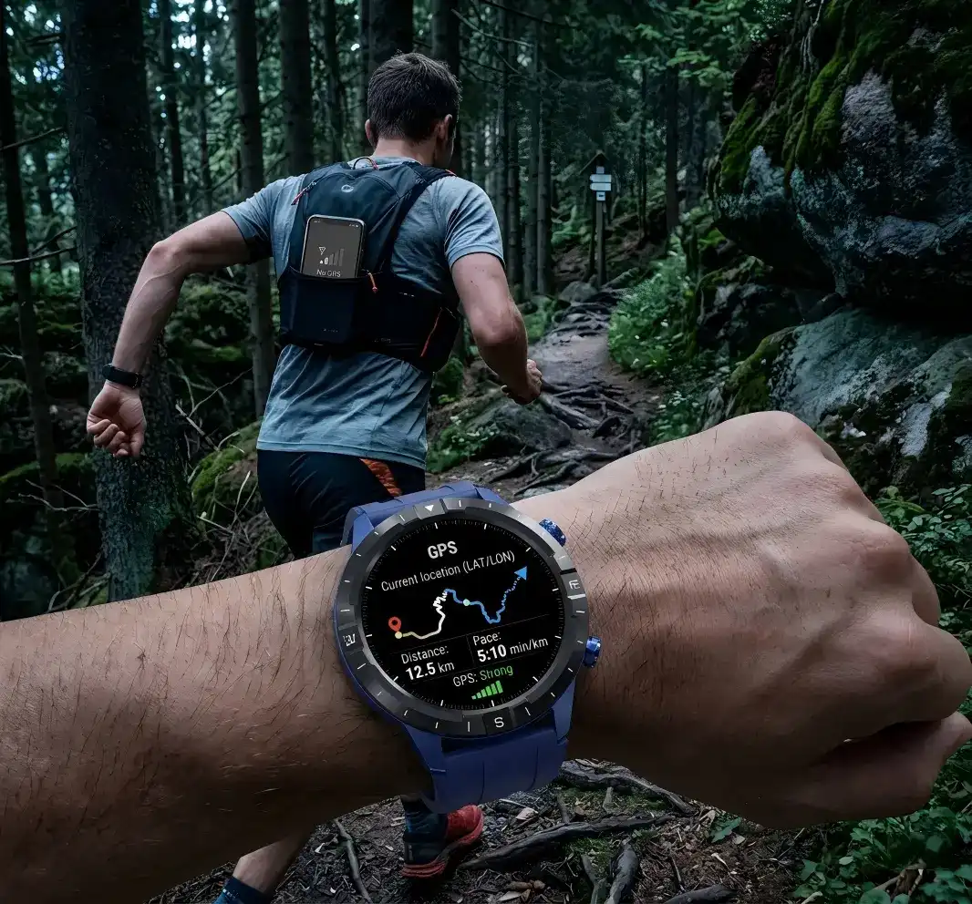 Outdoor smartwatch showing route tracking for trail running safety