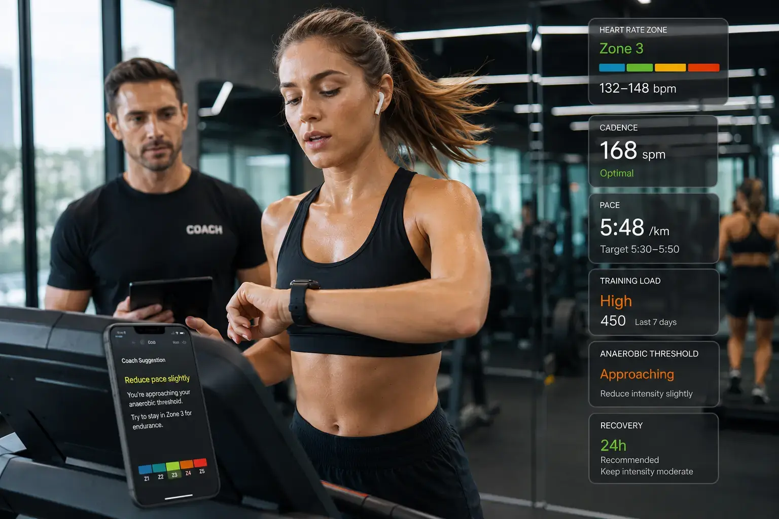 Treadmill runner using smartwatch training feedback.
