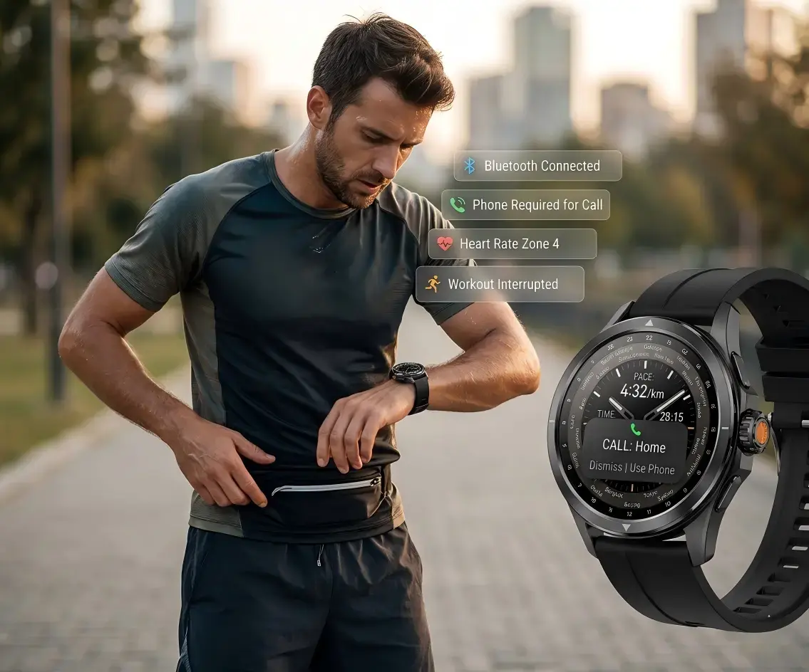 Runner reviewing fitness data on a smartwatch. Runner reviewing fitness data on a smartwatch.