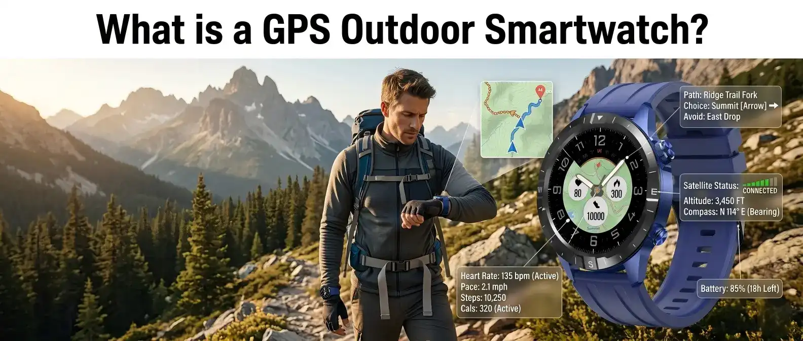 Hiker using GPS smartwatch on a mountain trail.