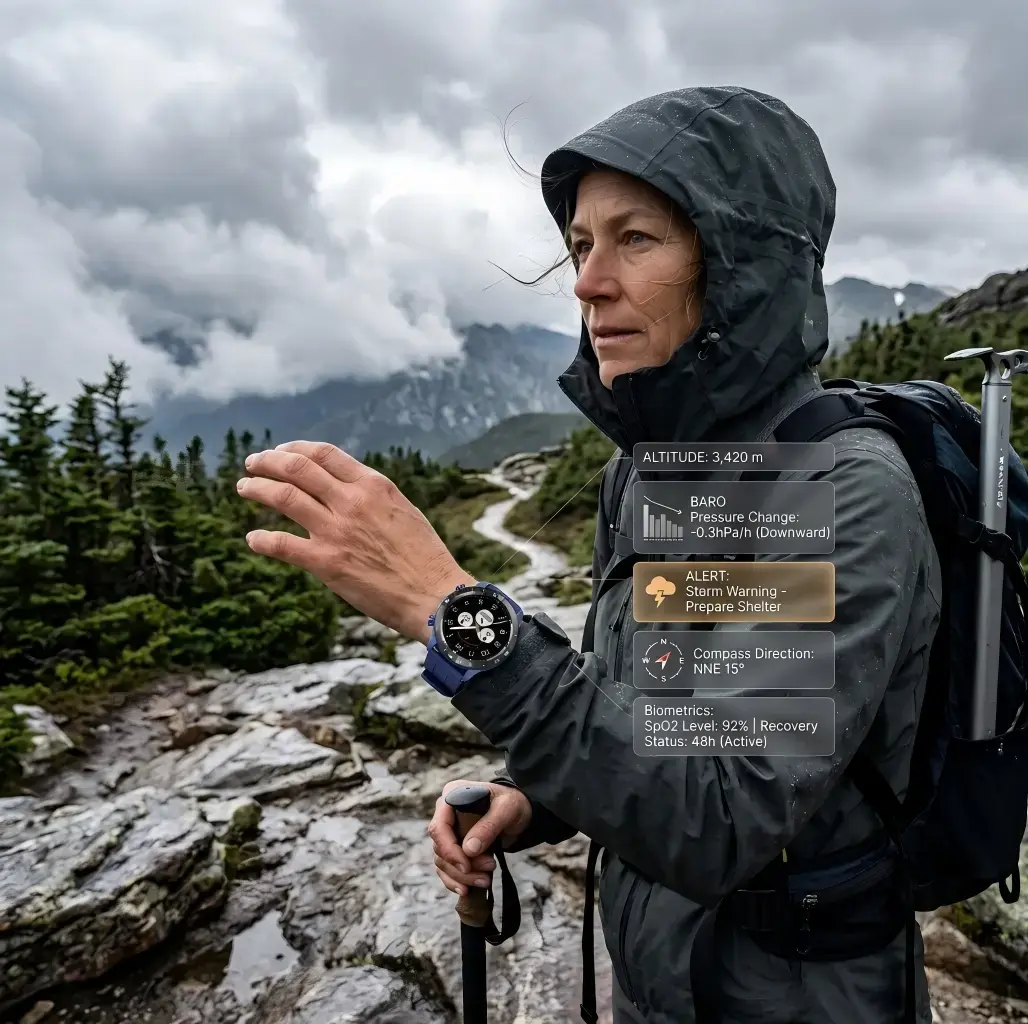 Hiker checking weather and altitude data on smartwatch.