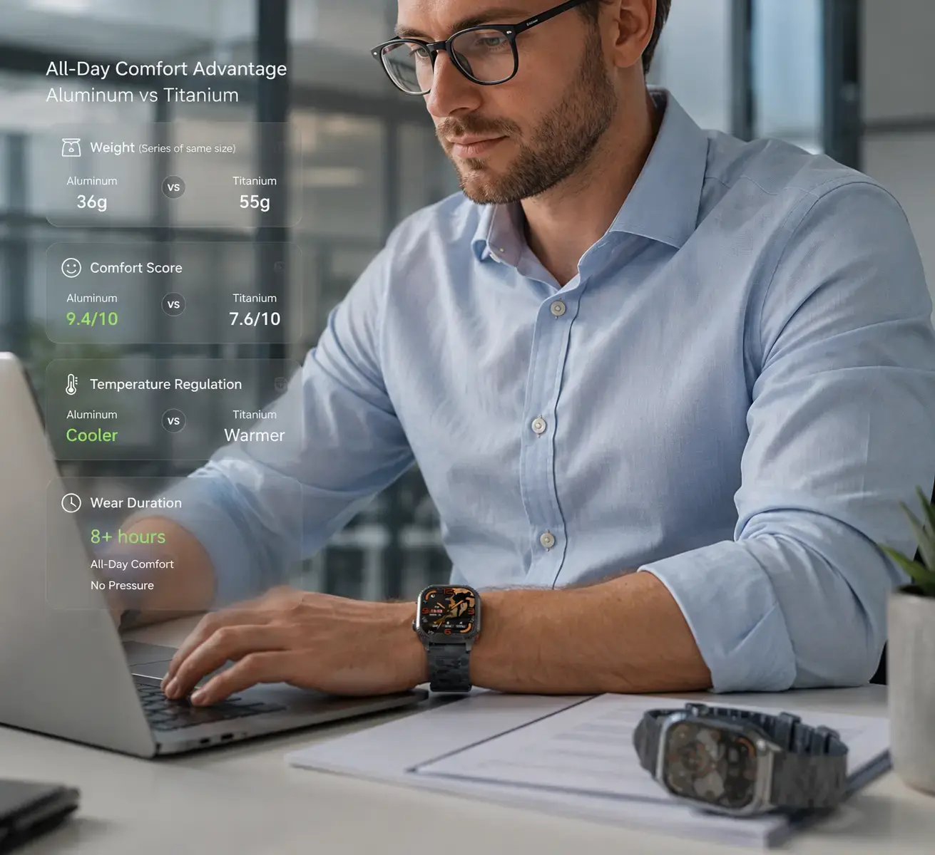Office worker wearing lightweight smartwatch comfortably. Office worker wearing lightweight smartwatch comfortably.