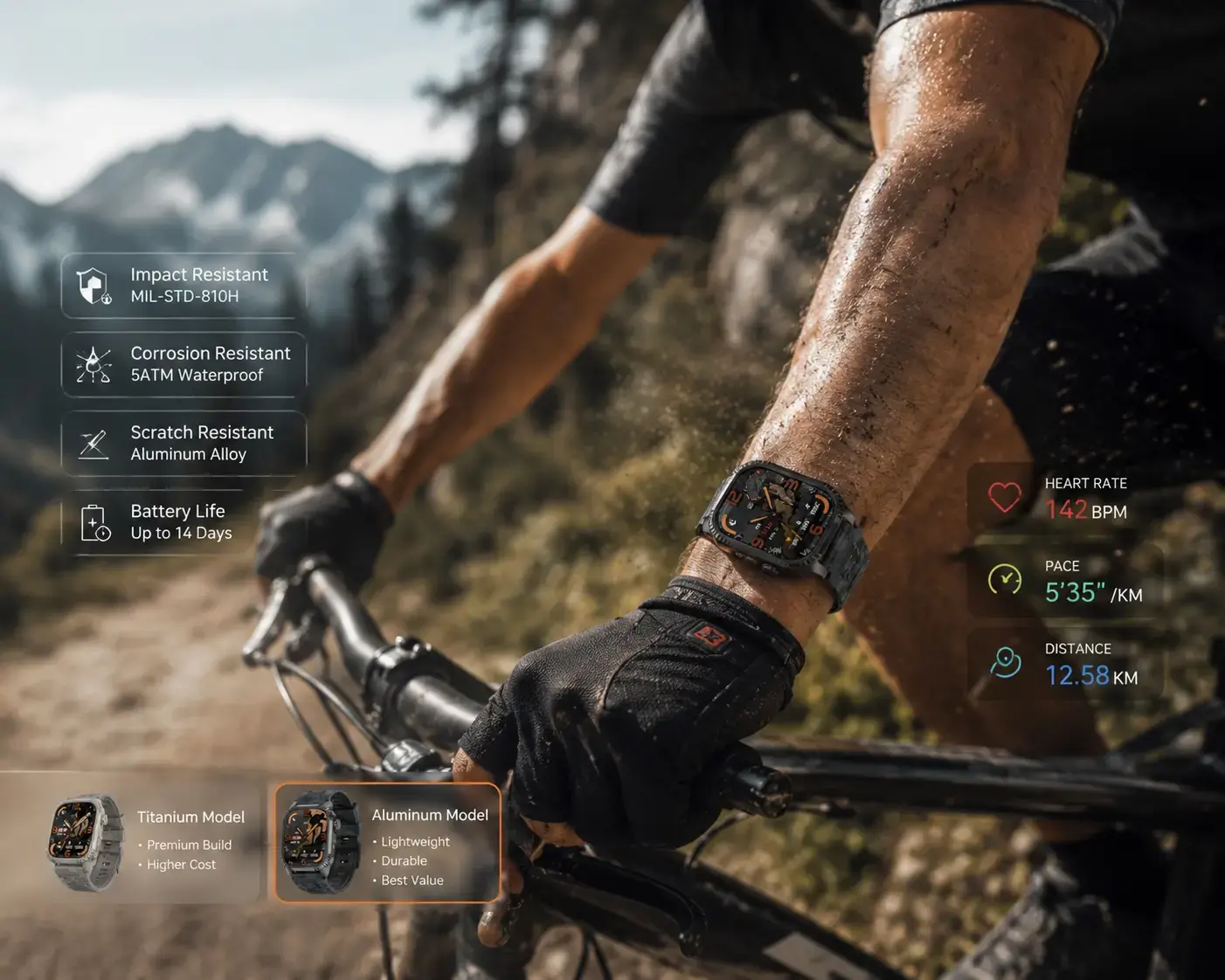 Cyclist using durable smartwatch outdoors.