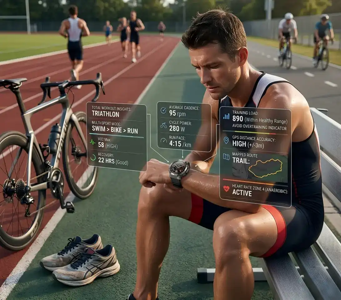 Athlete reviewing advanced smartwatch training metrics