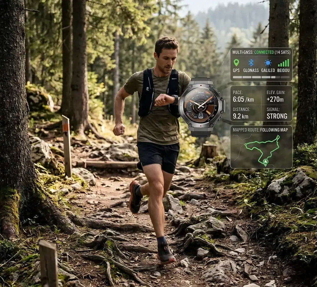 Runner using GPS smartwatch navigation on trail
