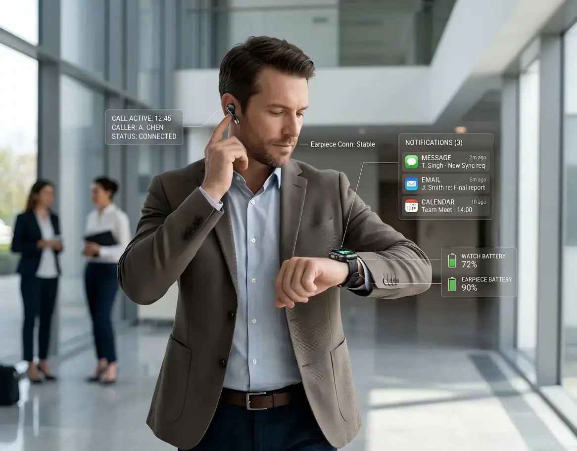 Professional using detachable earpiece smartwatch. Professional using detachable earpiece smartwatch.