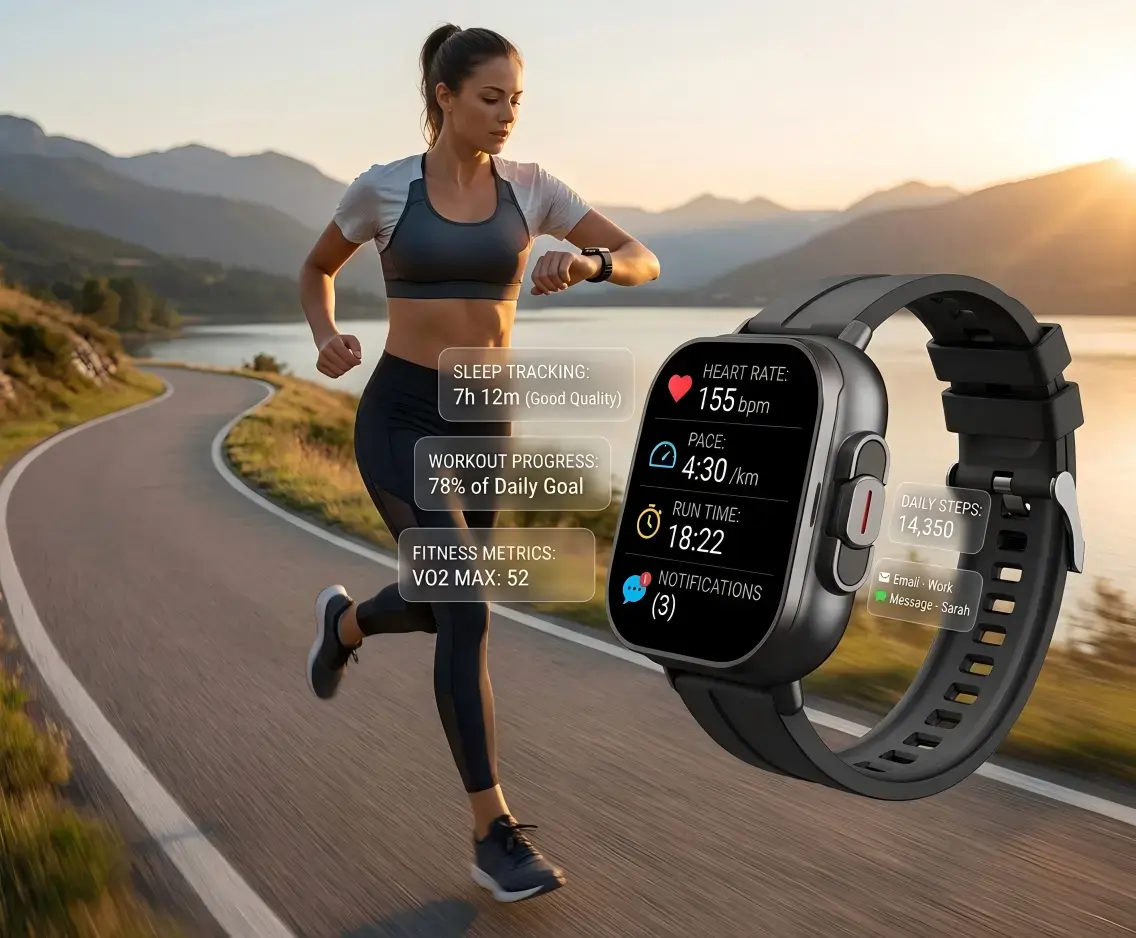 Runner checking fitness data on smartwatch.
