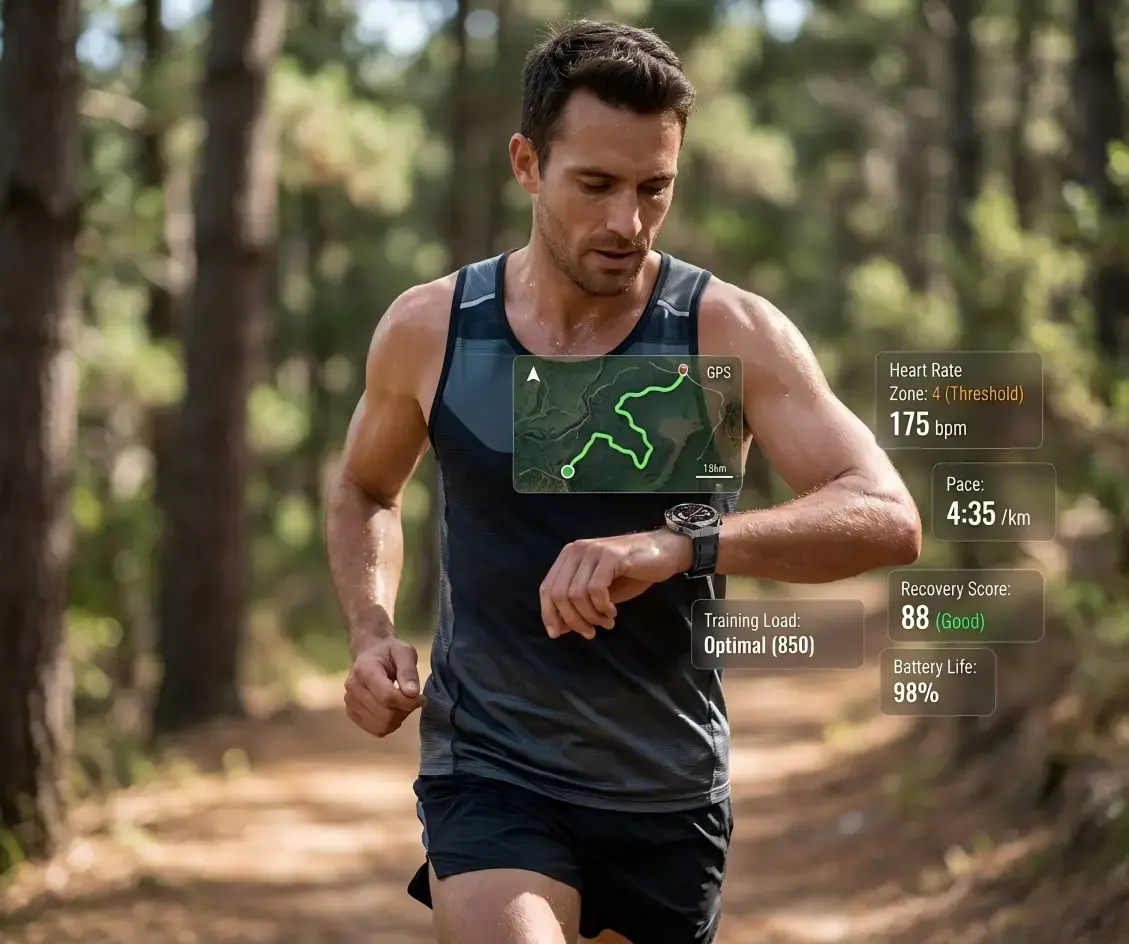 Runner checking training data on smartwatch.