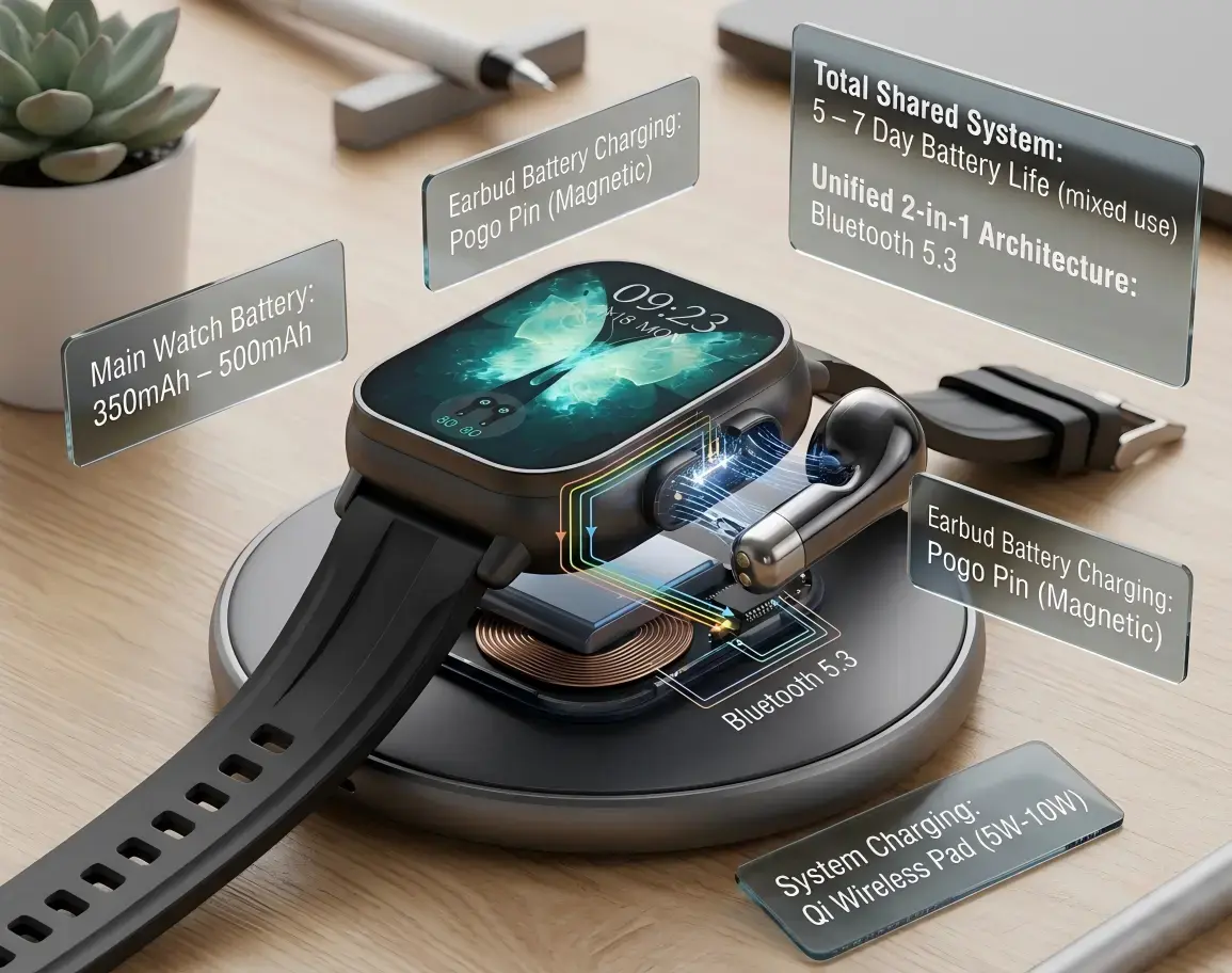 2 in 1 Watch charging earbuds with magnetic dock. 2 in 1 Watch charging earbuds with magnetic dock.